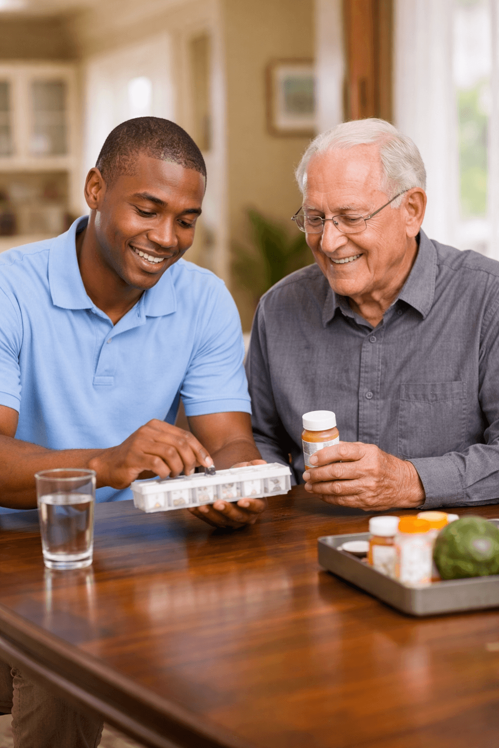 Caregiver assisting senior with medication in Centennial