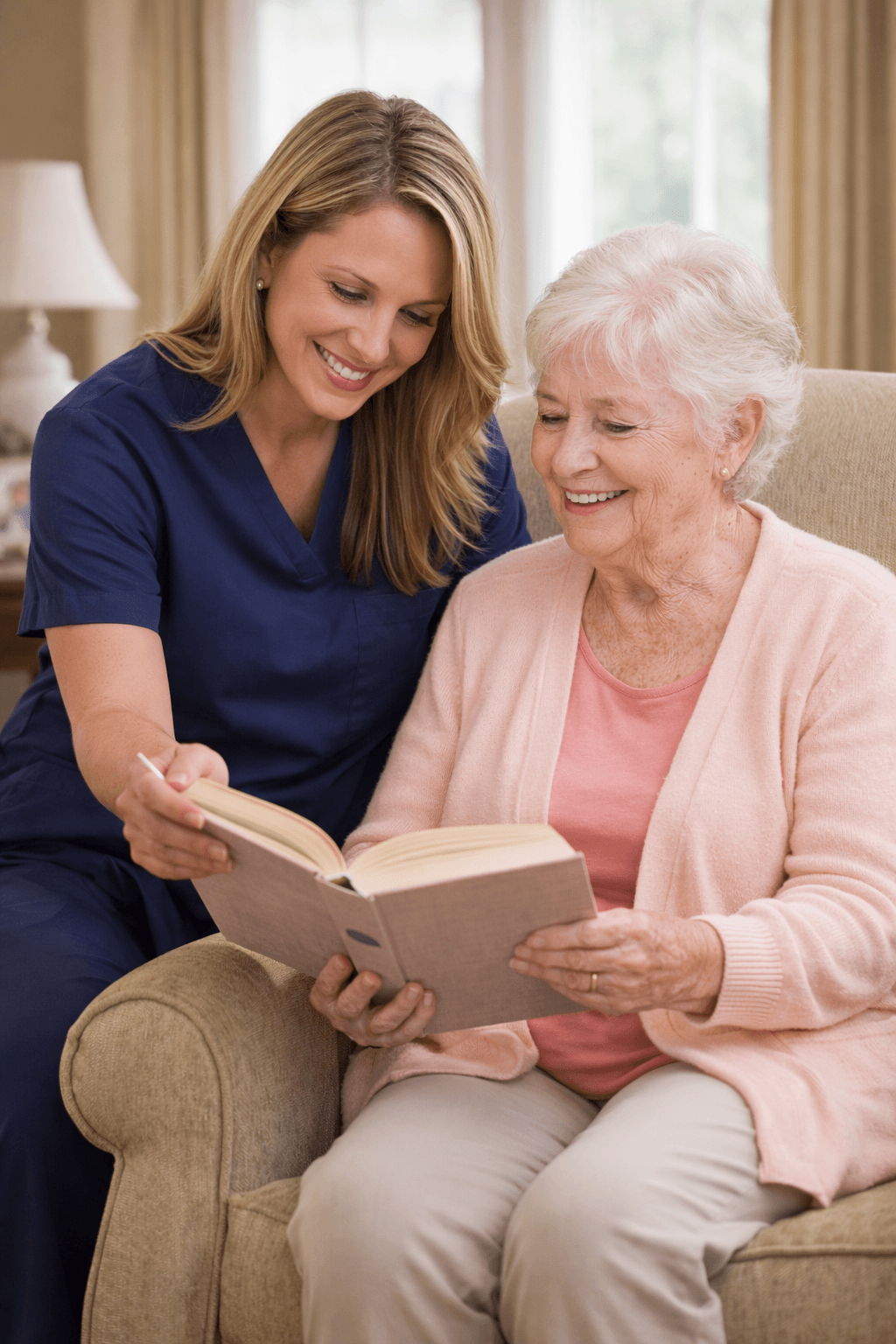 Caregiver reading with senior in Highlands Ranch