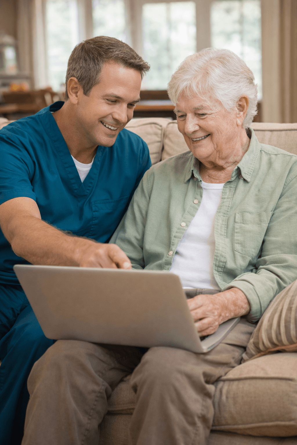 Caregiver helping senior with technology in Greenwood Village