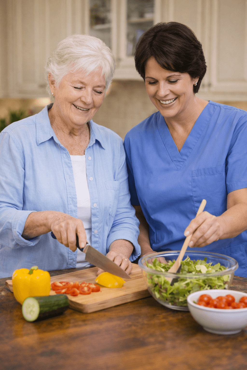 Caregiver preparing a meal with senior in Arvada