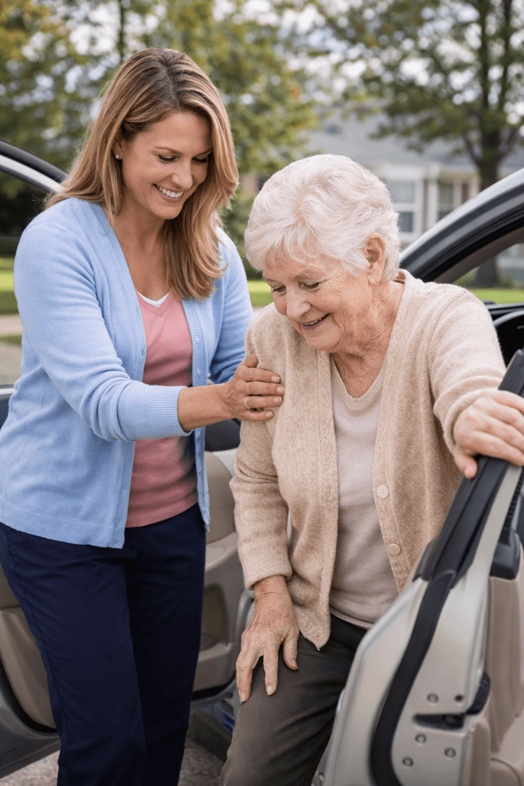 Caregiver helping senior into car in Littleton