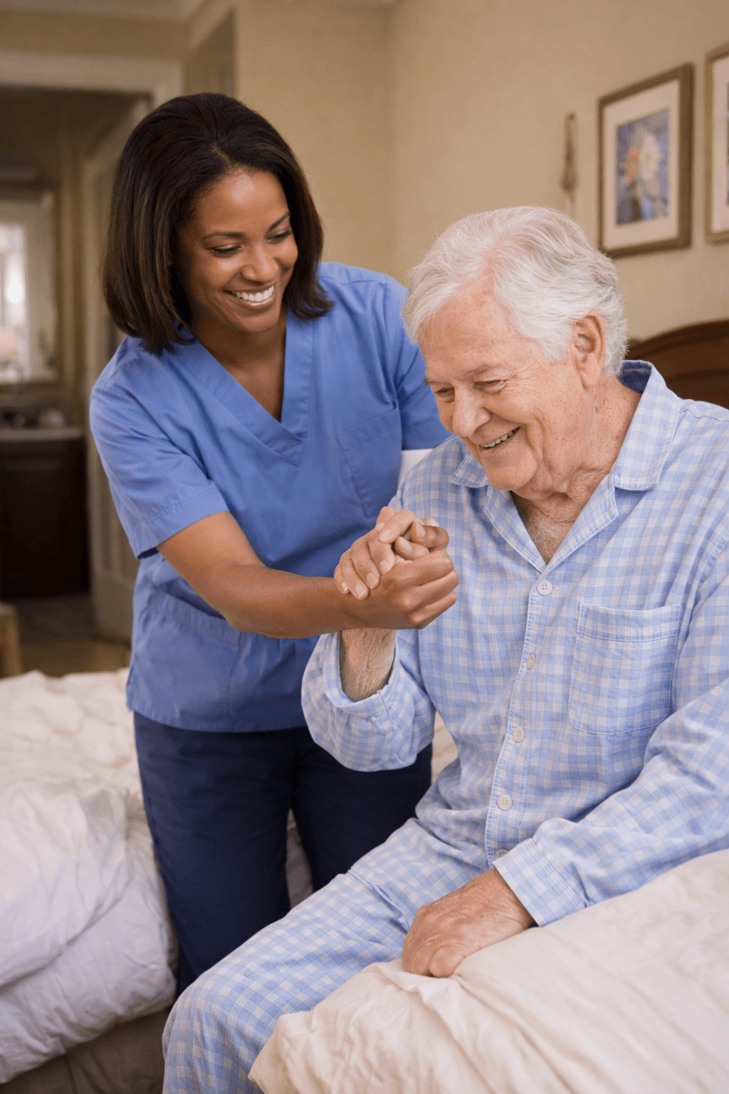 Caregiver assisting senior at bedside in Glendale