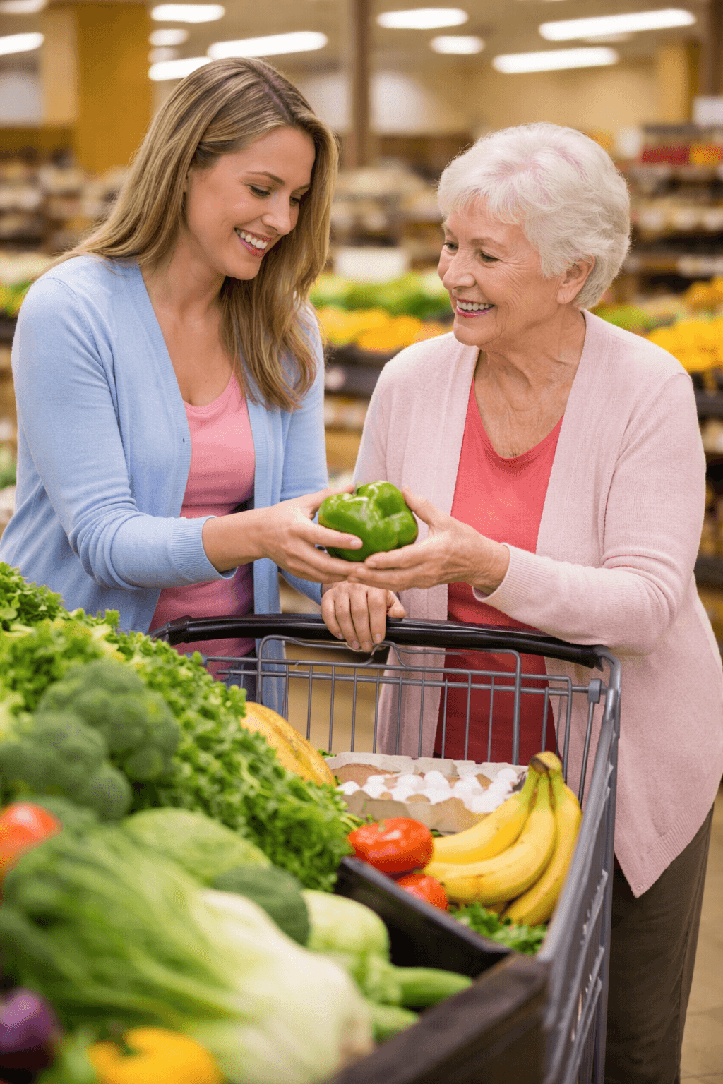 Caregiver grocery shopping with senior in Central Park