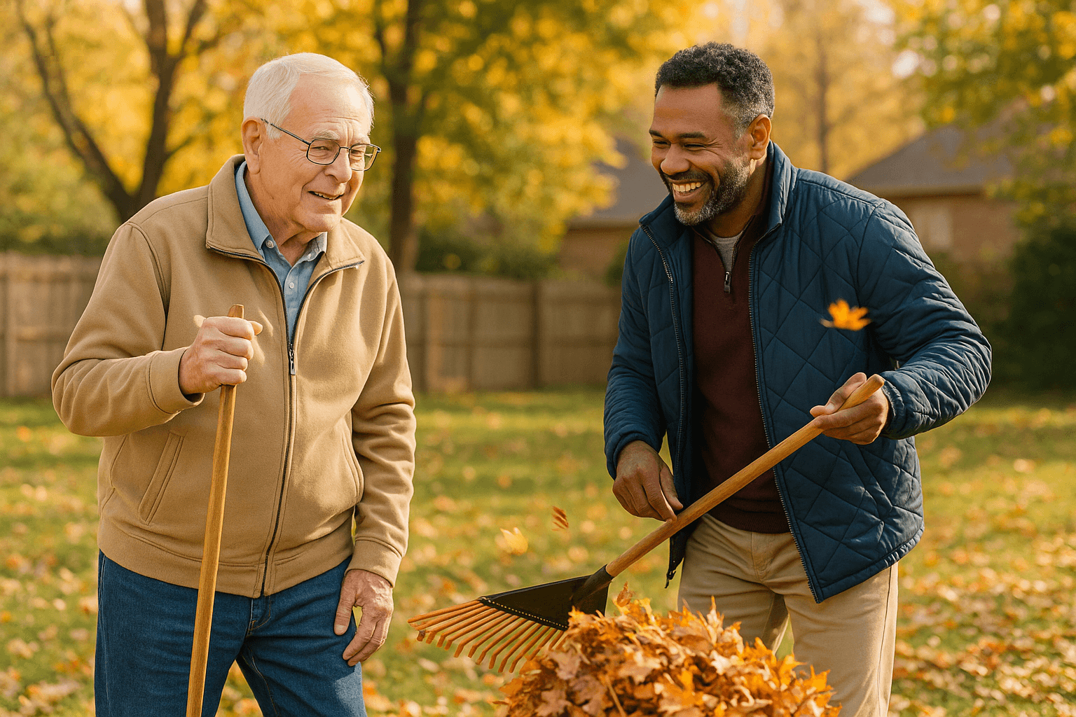 Father and caregiver working together raking leaves in the yard
