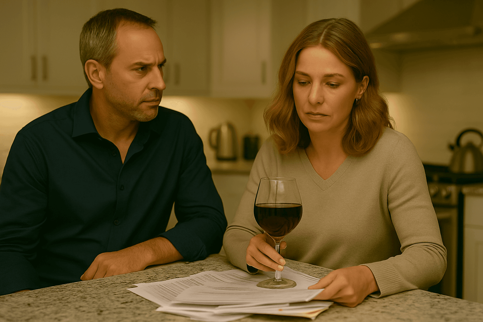 Exhausted family caregiver couple sitting together on couch