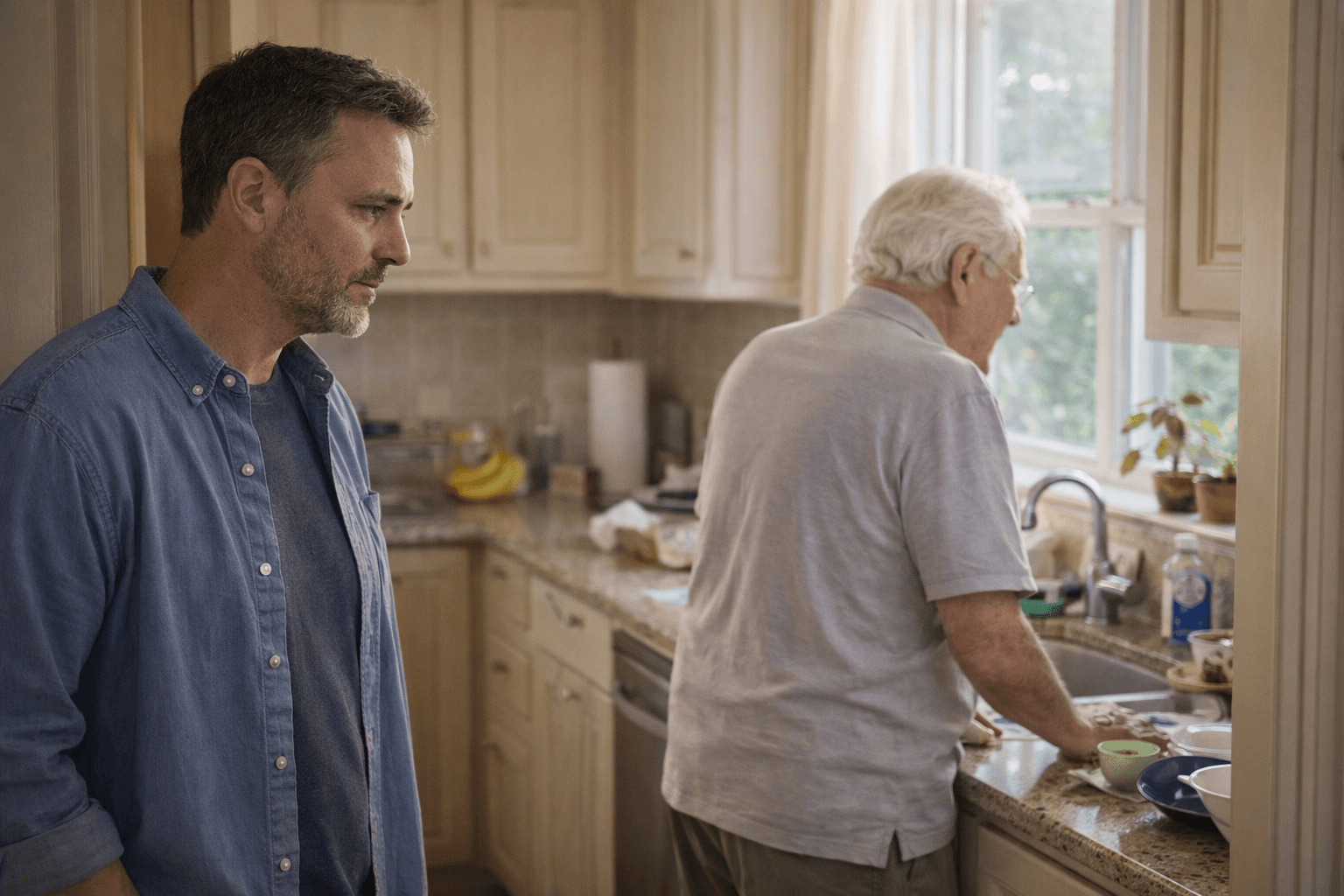 Adult child visiting elderly parent at home noticing changes