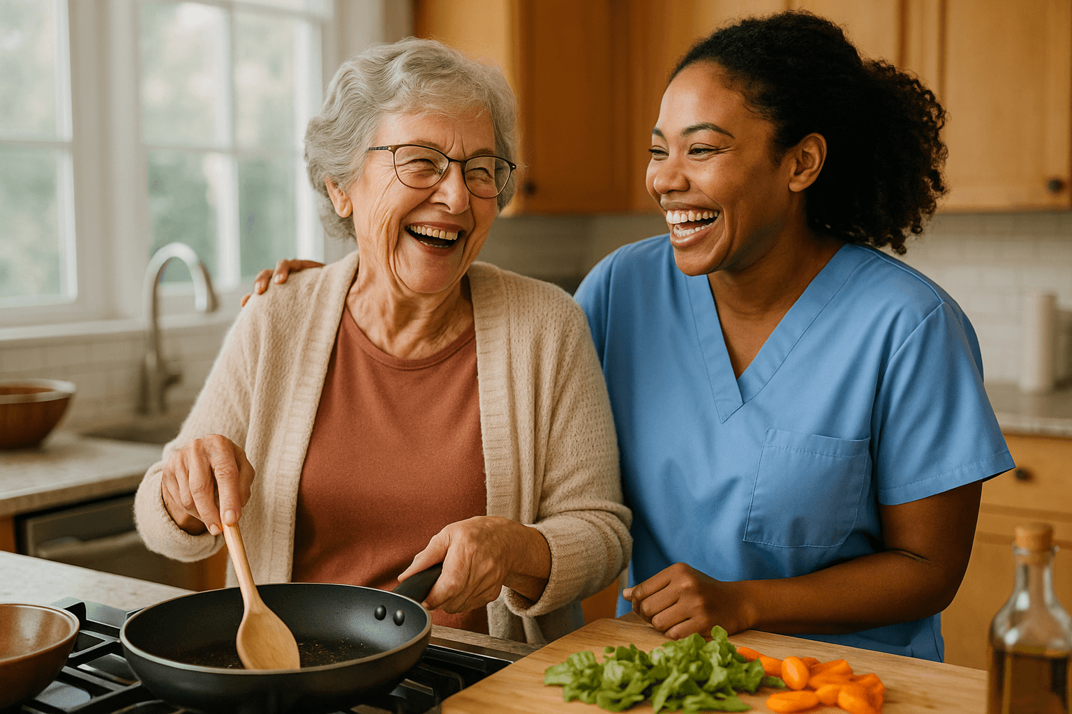 Elderly woman cooking with her caregiver in a kitchen, both laughing together