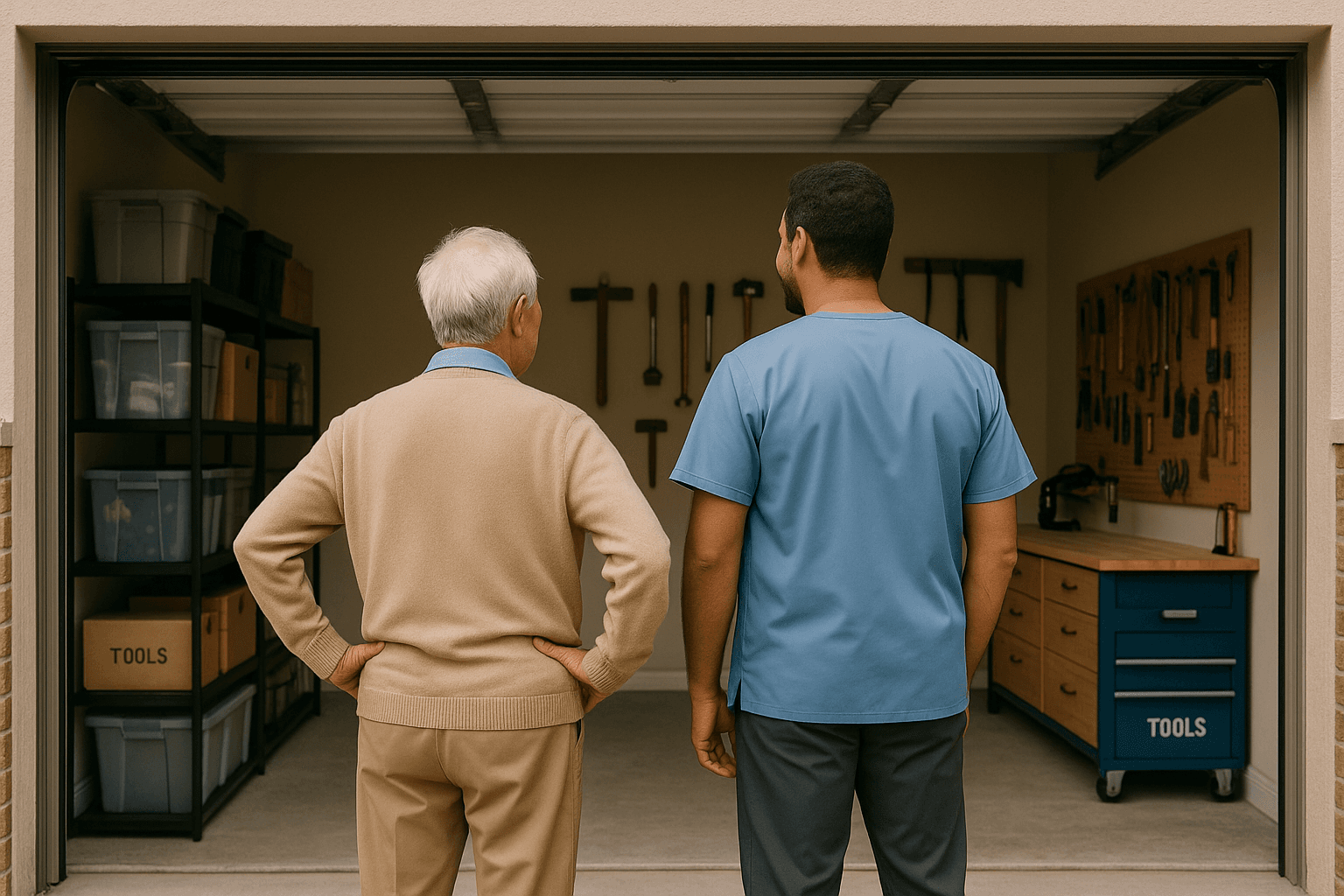 Well-organized garage workshop showing an engineer's systematic approach