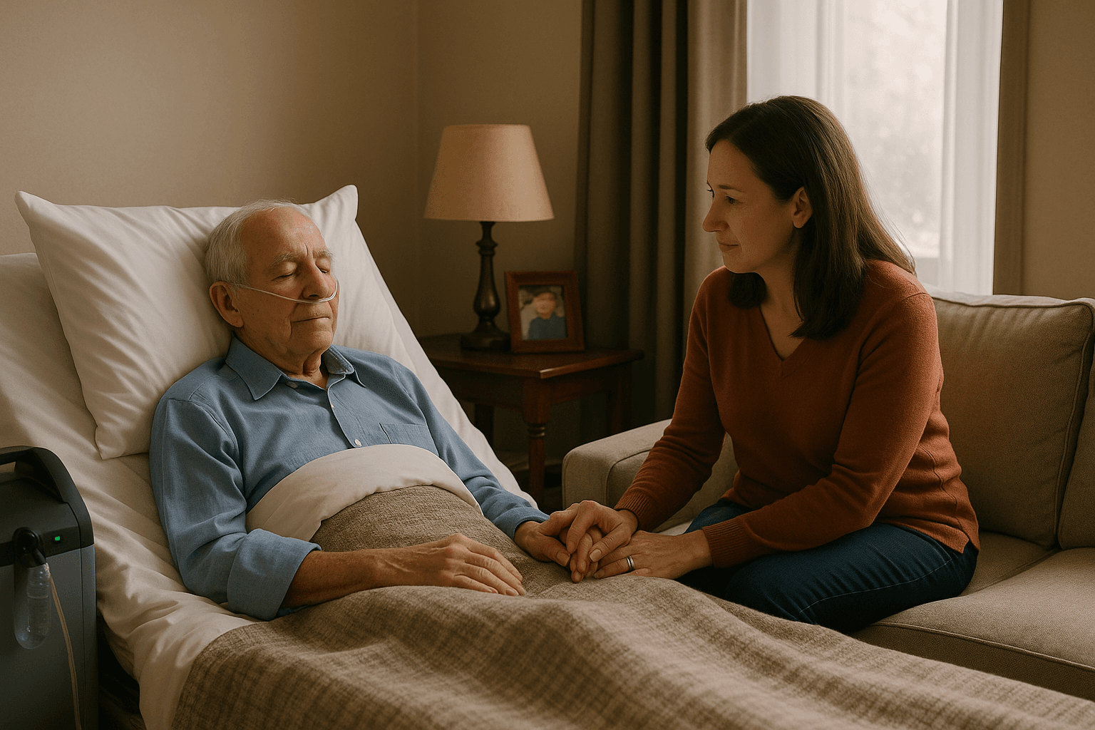 Family member sitting with elderly father at home during hospice care