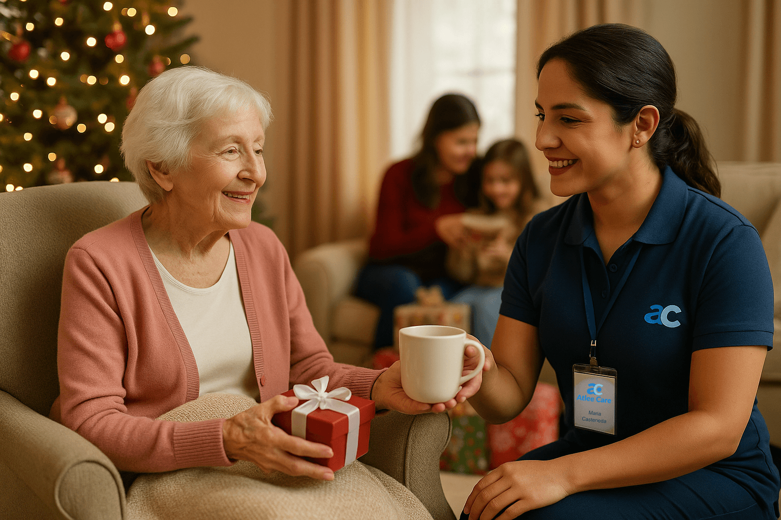 Caregiver Maria sitting with Dorothy, providing companionship alongside hospice care