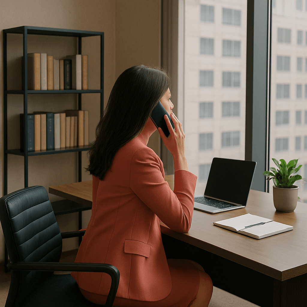 Woman in office looking concerned while thinking about her aging parent