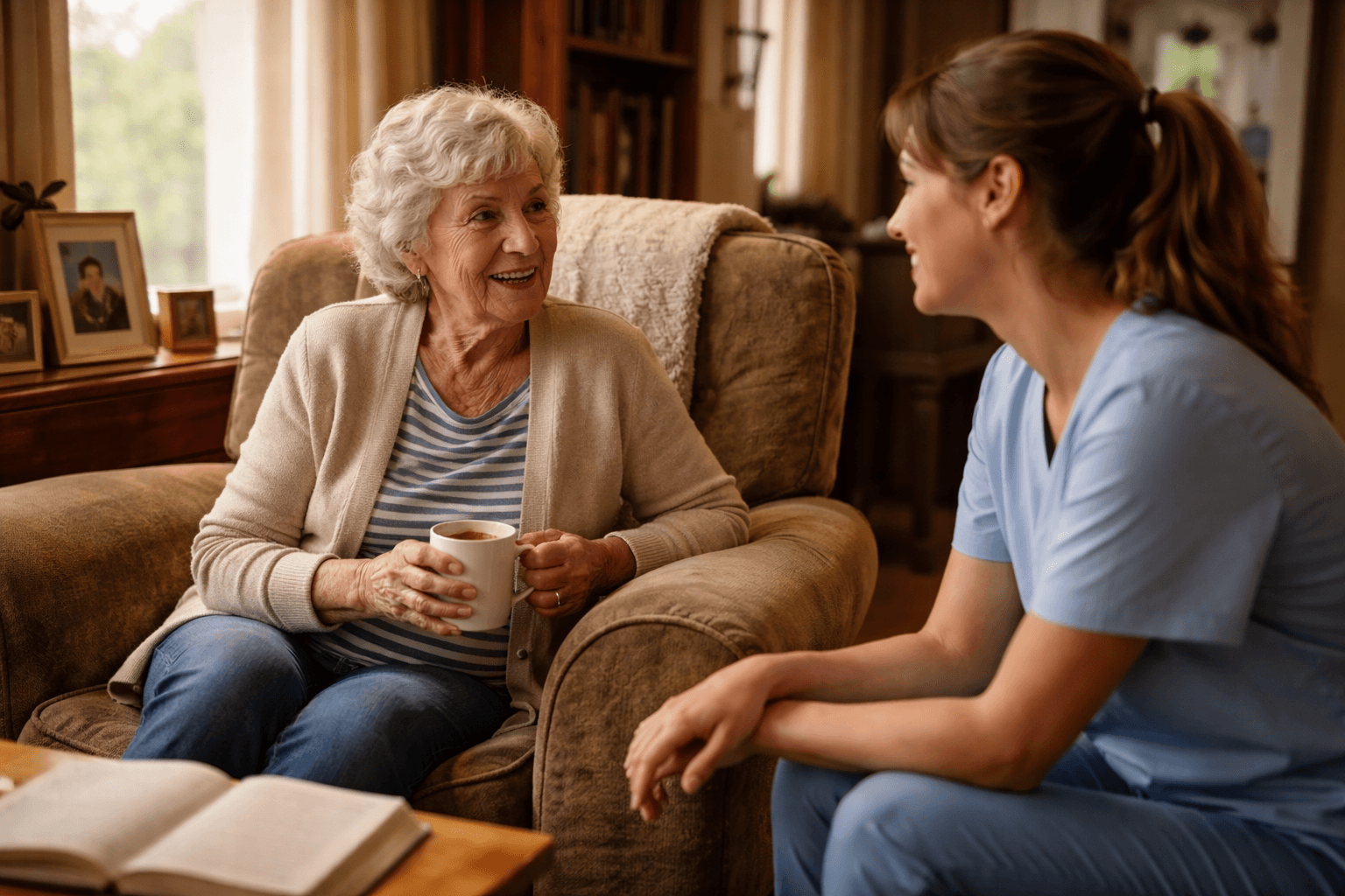 In-home caregiver visiting with a senior woman in her Denver home — Atlee Home Care