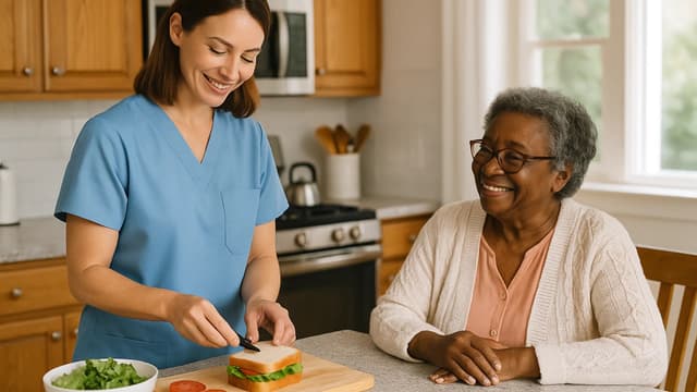 Caregiver preparing a meal in the kitchen with senior