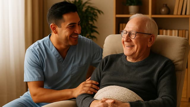Male caregiver comforting senior hospice patient