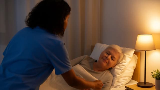 Caregiver tucking in senior client at night
