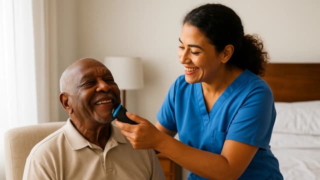 Caregiver helping senior with personal grooming