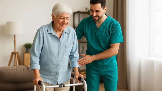 Caregiver assisting senior with mobility after surgery