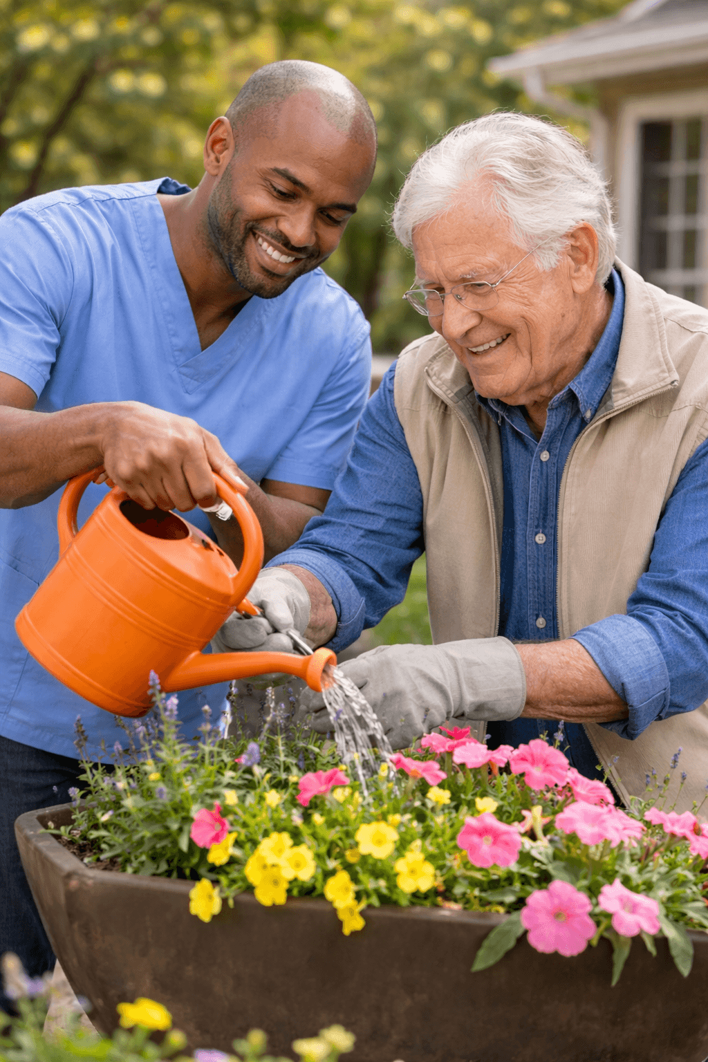 Caregiver and senior gardening together in Golden